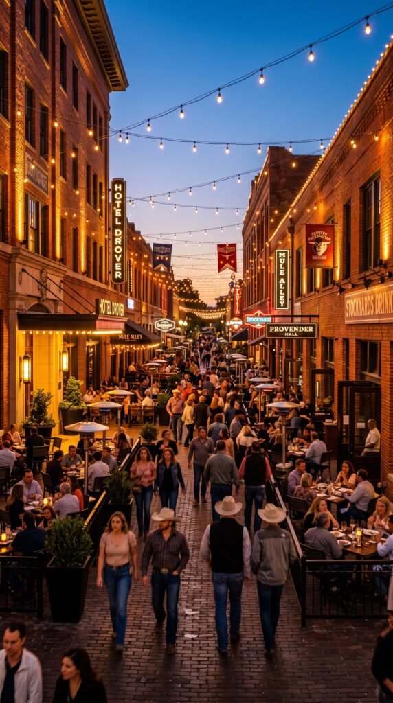 Historic Fort Worth Stockyards evolving from vintage brick cattle exchange pathways into the vibrant, modern dining and entertainment hub of Mule Alley