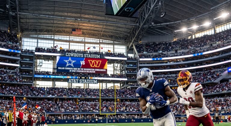 Dallas Cowboys and Washington Commanders football game action on the field with stadium crowd and video boards at AT&T Stadium in Arlington, Texas