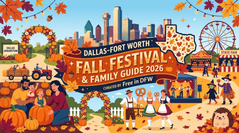 2026 Dallas-Fort Worth Fall Festival and Family Guide featured graphic by Free in DFW showing fall activities and pumpkin patches across North Texas