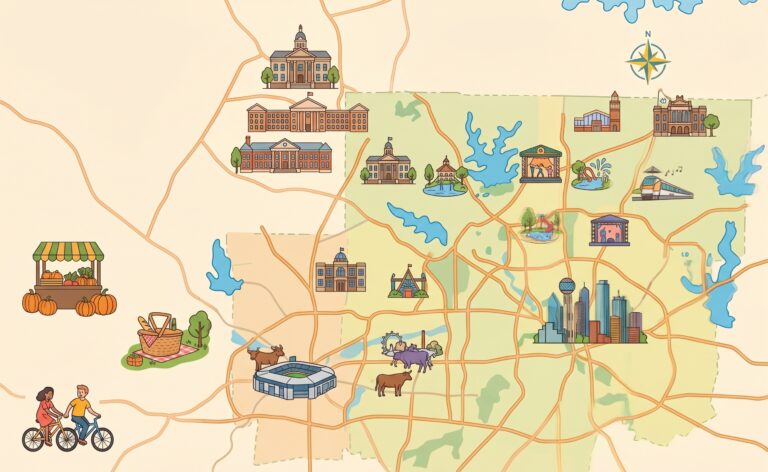 Illustrated regional map of DFW cities and landmarks in North Texas