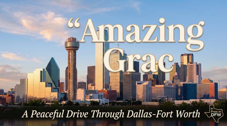 Dallas Texas skyline with Reunion Tower at sunset featuring Amazing Grace peaceful drive tribute