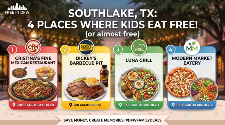 Infographic guide featuring top 4 restaurants where kids eat free in Southlake, Texas, including Cristina's, Dickey's BBQ, Luna Grill, and Modern Market Eatery