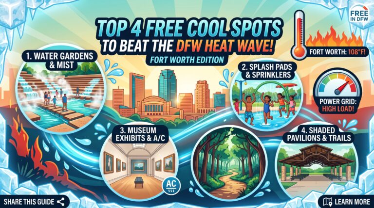 A colorful vector infographic illustrating top 4 free locations to cool off in Fort Worth during a heat wave. It includes the Fort Worth Water Gardens, splash pads, museums with A/C, and shaded park trails/pavilions. A thermometer shows 108°F, and a power grid meter indicates high load,
